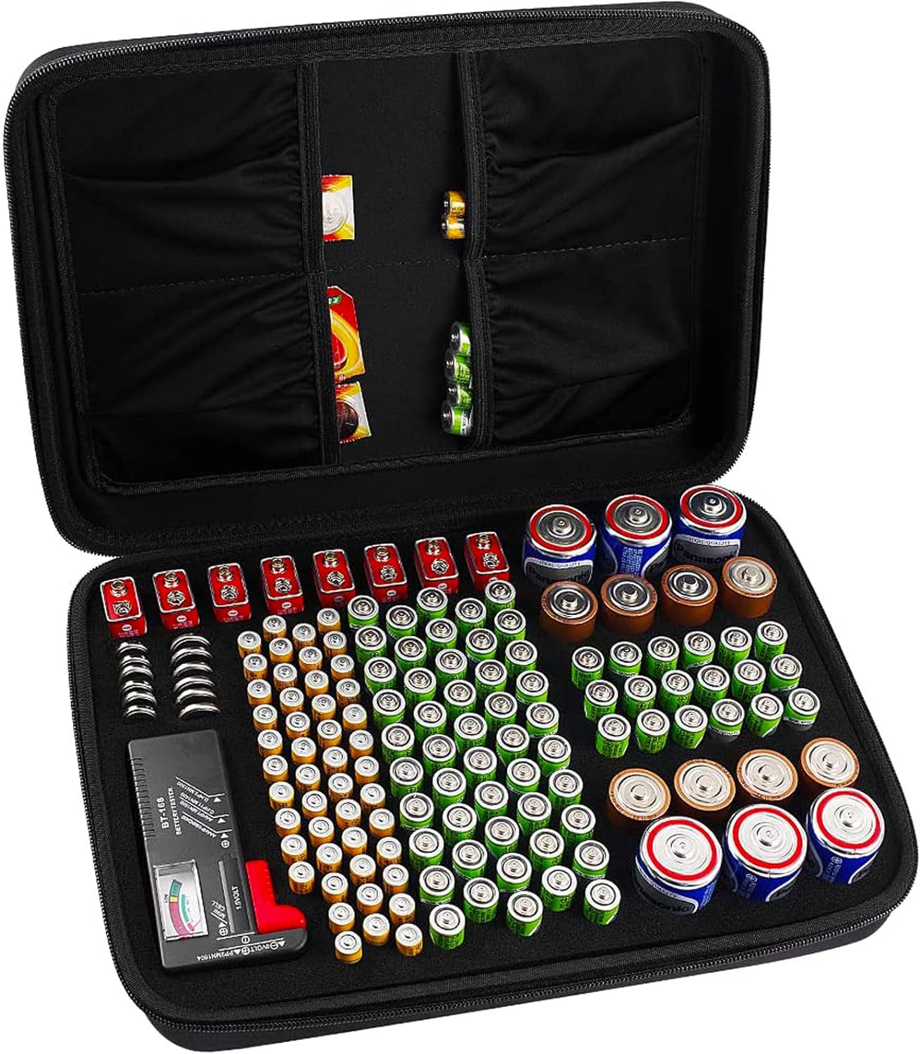 Battery Organizer Storage Case with Tester, Holds 148+ AA AAA AAAA C D 9V Button Cell Batteries, Portable Battery Holder Vault Bag for Home, Garage, Drawer & Emergency Kit, Black